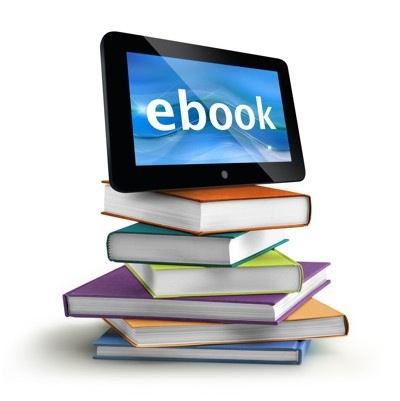 graphic of an e-reader setting on a stack of books